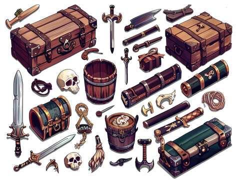 Illustration of a collection of pirate items, including a chest, sword, skull, and various other items. Transparent PNG