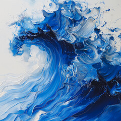 The painting depicts a large wave crashing onto a rocky shore