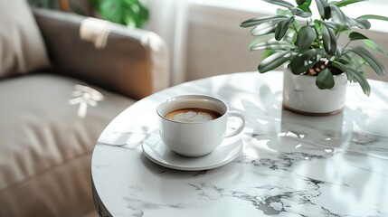A cup of coffee on a marble table with a plant in the background.