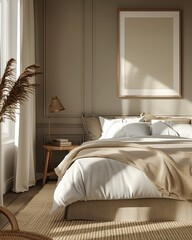 Obraz premium Minimalist bedroom interior with a cozy bed, natural light, and a framed picture.