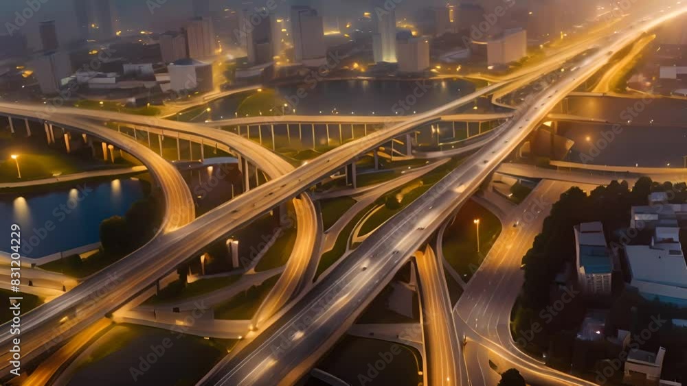Poster aerial view of night highway intersection generative ai