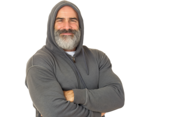 Muscular Middle-Aged Man in Grey Hoodie Smiling on White Background