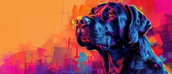 Obraz premium Labrador Retriever in vibrant pop art style, colorful geometric background close up, whimsical, blend mode, cityscape backdrop