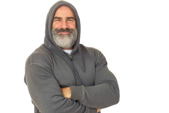 Muscular Middle-Aged Man in Grey Hoodie Smiling on White Background