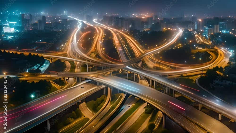 Poster aerial view of nighttime highway intersection generative ai