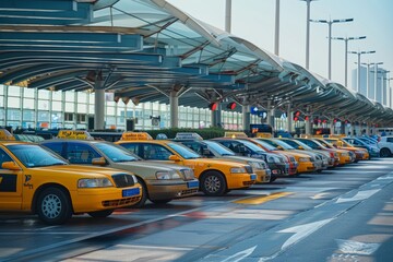 Line of taxi cabs parked in designated area outside a terminal waiting for passengers