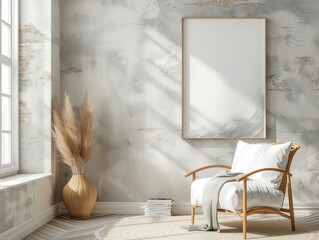 Minimalist living room with a cozy armchair, pampas grass, and a blank canvas.