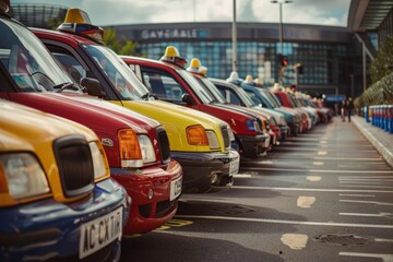 A row of taxis lined up in a parking lot, waiting for passengers while parked in a designated taxi...