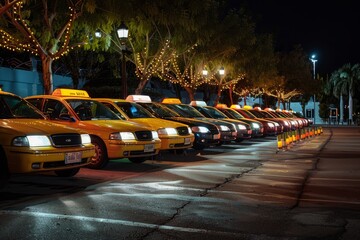 A line of taxi cabs parked neatly next to each other in a designated taxi stand area