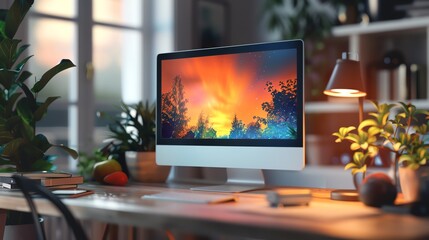 Modern home office with a yellow wall, a desktop computer, a plant and office supplies.
