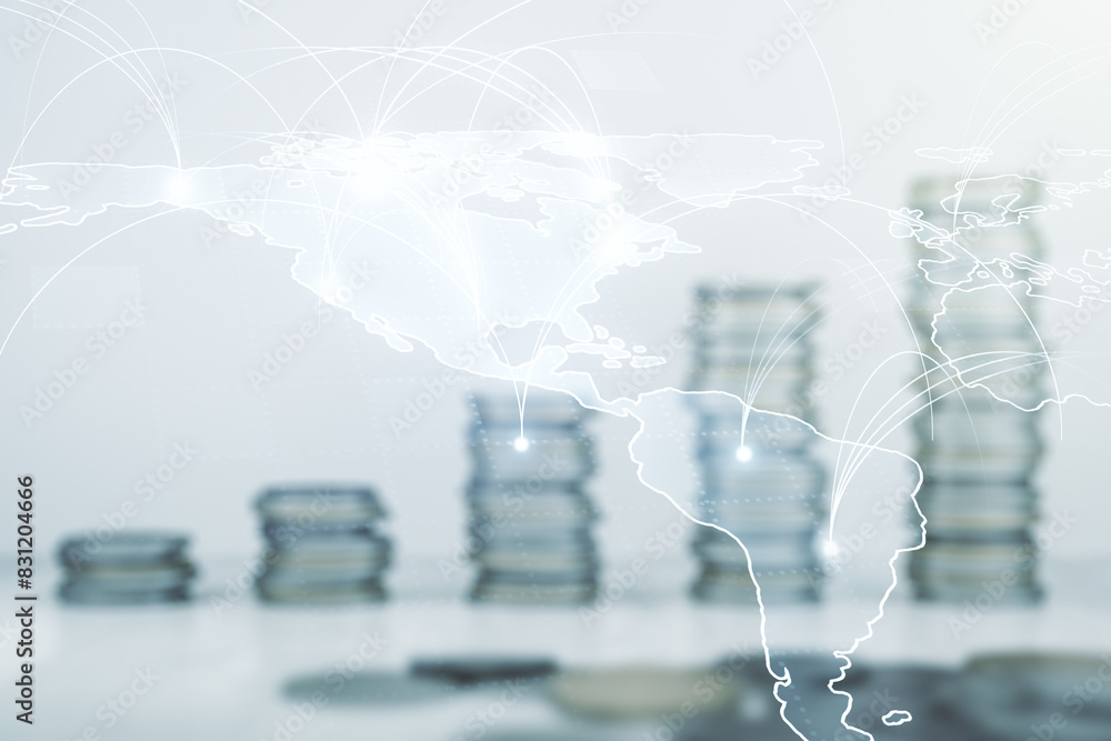 Poster double exposure of abstract digital world map hologram with connections on growing coins stacks back