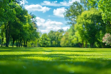 Beautiful blurred background image of spring nature with a neatly trimmed lawn surrounded by trees against a blue sky with clouds on a bright sunny day with generative ai