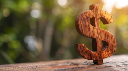 Close-up of a wooden dollar sign with a blurry background, highlighting natural and economic themes. Great for business and finance content