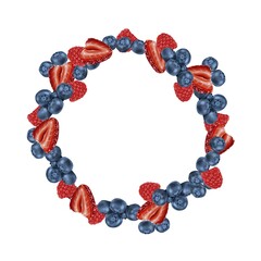 
Illustration sweet wreaht berries blueberry, strawberry, raspberry. For cards, congratulations, menus, restaurants, bistros, cafes, shops, parties