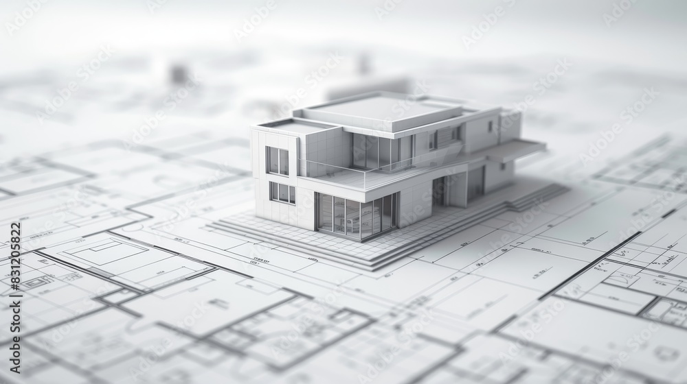 Poster architectural 3d render of a house blueprint in digital format, showcasing modern design elements. p
