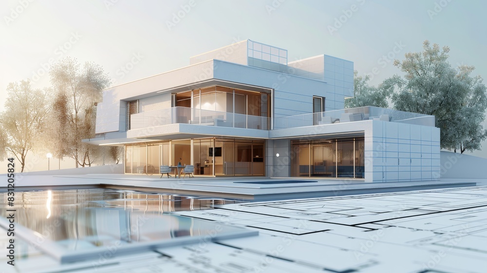 Poster architectural 3d render of a house blueprint in digital format, showcasing modern design elements. p