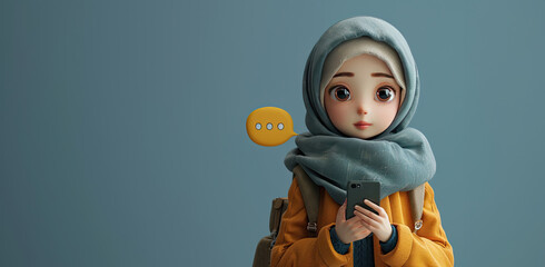 A cartoon girl wearing a blue scarf and yellow jacket is holding a cell phone by AI generated image