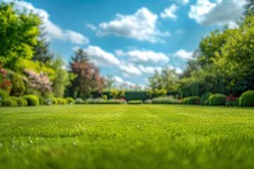 Obraz premium Beautiful blurred background image of spring nature with a neatly trimmed lawn surrounded by trees against a blue sky with clouds on a bright sunny day with generative ai