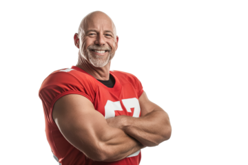 Muscular Bald Middle-Aged Man in Red Football Jersey Smiling on White Background