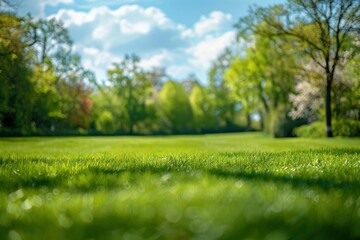 Beautiful blurred background image of spring nature with a neatly trimmed lawn surrounded by trees against a blue sky with clouds on a bright sunny day with generative ai