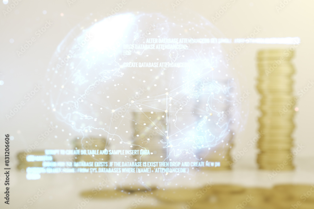 Aufkleber abstract virtual coding concept and world map hologram on stacks of coins background. multiexposure