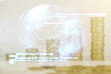 Abstract virtual coding concept and world map hologram on stacks of coins background. Multiexposure