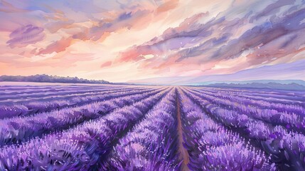 A breathtaking lavender field at sunset with vibrant colors and dramatic clouds, capturing the serene and tranquil beauty of nature.