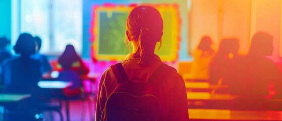 Obraz premium A colorful image depicting a classroom scene with a student wearing a backpack in focus. Engaging education and school environment.