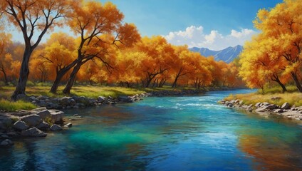 اشجار الخريف البرتقالية ينعكس جمالها على نهر ازرق هادئ