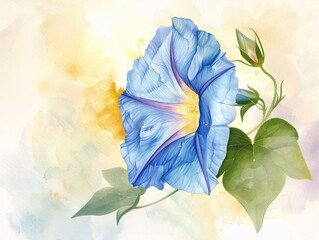 A watercolor illustration of a vibrant blue flower with green leaves set against a soft pastel background.
