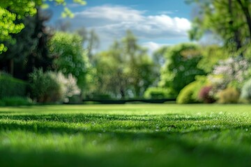 Fototapeta premium Beautiful blurred background image of spring nature with a neatly trimmed lawn surrounded by trees against a blue sky with clouds on a bright sunny day with generative ai