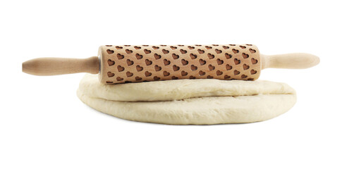 Raw dough and rolling pin isolated on white