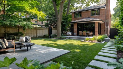 Fototapeta premium Backyard renovation featuring new patio installation, refreshed garden beds, and arranged outdoor furniture
