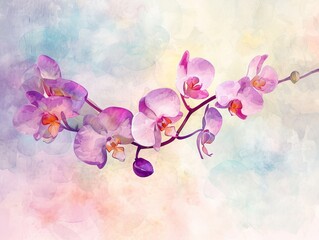 Beautiful watercolor of delicate pink orchids on pastel background evoking serenity and elegance, perfect for decor and art projects.