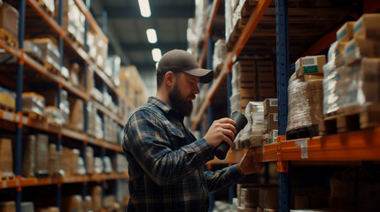 a male worker in a warehouse using barcode scanner to check the details of packages 