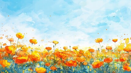 Fototapeta premium Beautiful watercolor painting of a vibrant field of orange flowers under a bright blue sky with fluffy clouds, capturing nature's essence.