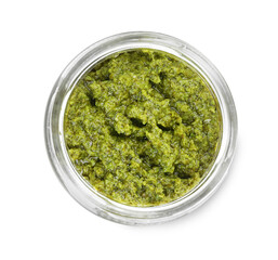Fresh tasty pesto sauce isolated on white, top view
