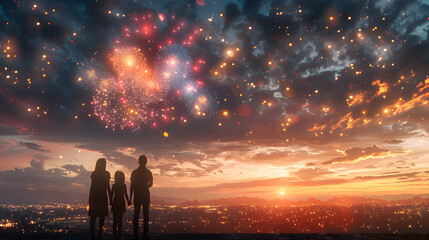 Festive Family Watching Independence Day Fireworks: High Resolution Image Capturing Excitement and Wonder of Celebration, Glossy Backdrop, Realistic Photo Stock Concept