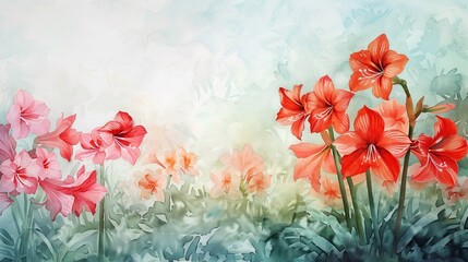 Beautiful watercolor painting of pink and red flowers in a serene garden setting, perfect for home decor or greeting cards.