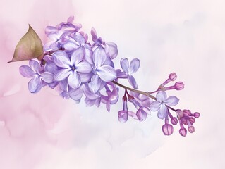 Beautiful watercolor painting of purple lilac flowers on a soft pink background, showcasing delicate and elegant floral art.