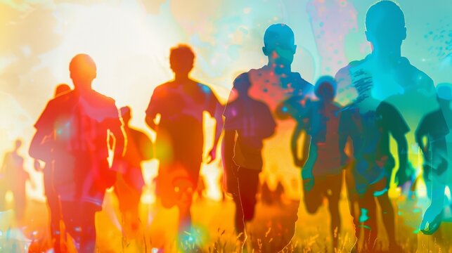 Colorful abstract image of people running against a vibrant background, capturing motion and energy in a dynamic, artistic style.