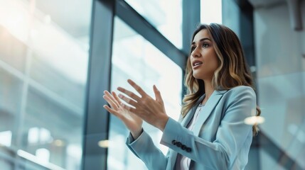 Professional Woman Giving Speech at Office Meeting. Business Presentation and Leadership Concept