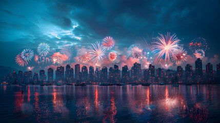 Vibrant Independence Day Celebration: Stunning Photo Realistic Fireworks Illuminate City Skyline with Festive Atmosphere on High Resolution Image, Perfect for Capturing Spectacular