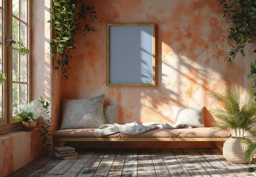 Frame Mockup Hanged On The Old Orange Wall, Generative ai