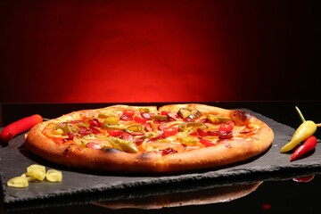 Delicious pizza Diablo on slate board against red background