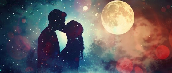 Obraz premium Romantic couple silhouette kissing under a full moon with vibrant cosmic background in the night sky.