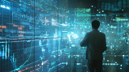 Man analyzing futuristic data on digital screens in technology-driven environment for business insights.