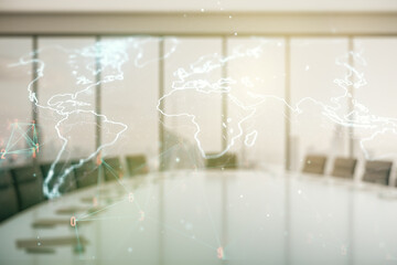 Abstract creative digital world map on a modern coworking room background, globalization concept....