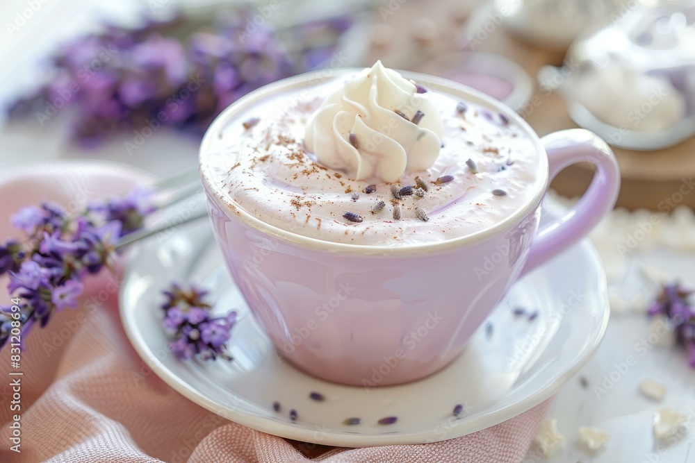 Poster elegant lavender latte topped with whipped cream and chocolate shavings, accompanied by fresh lavend