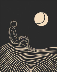 A minimalist line art illustration of a figure sitting on wavy lines under a crescent moon creating a calm and contemplative night scene